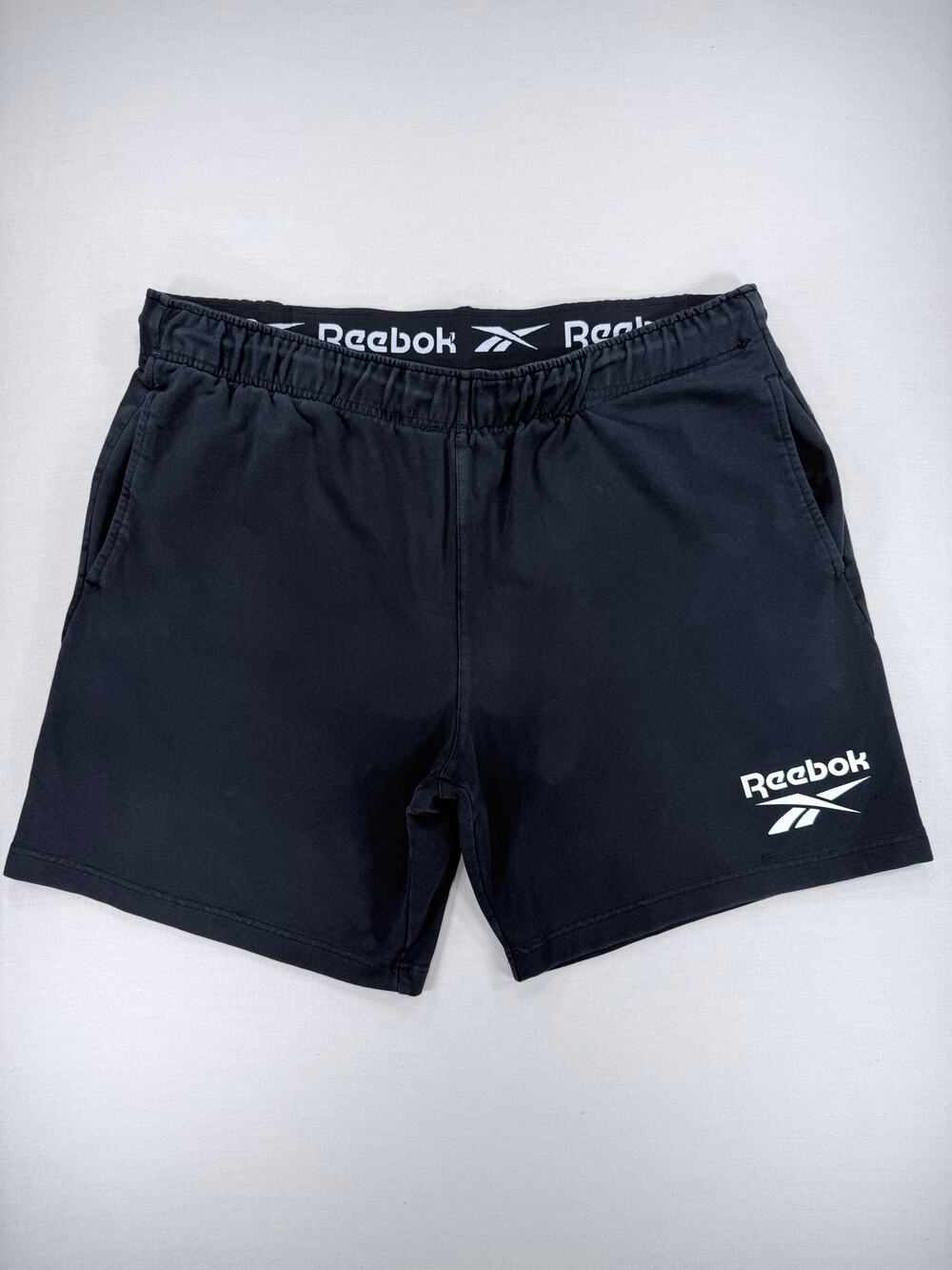 Reebok Men's XL Black Graphic Fleece Shorts REM251SH22 Left Leg Vector Logo